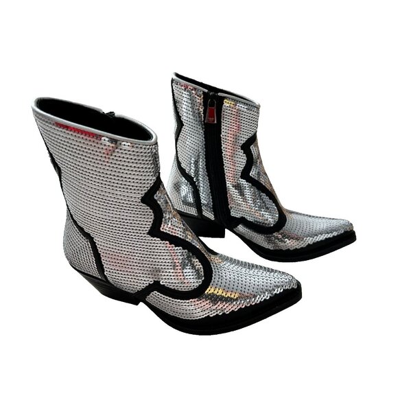 Emporio Armani Calfskin Leather Sequin Cowboy Booties Silver ( 35 ) - Picture 4 of 9
